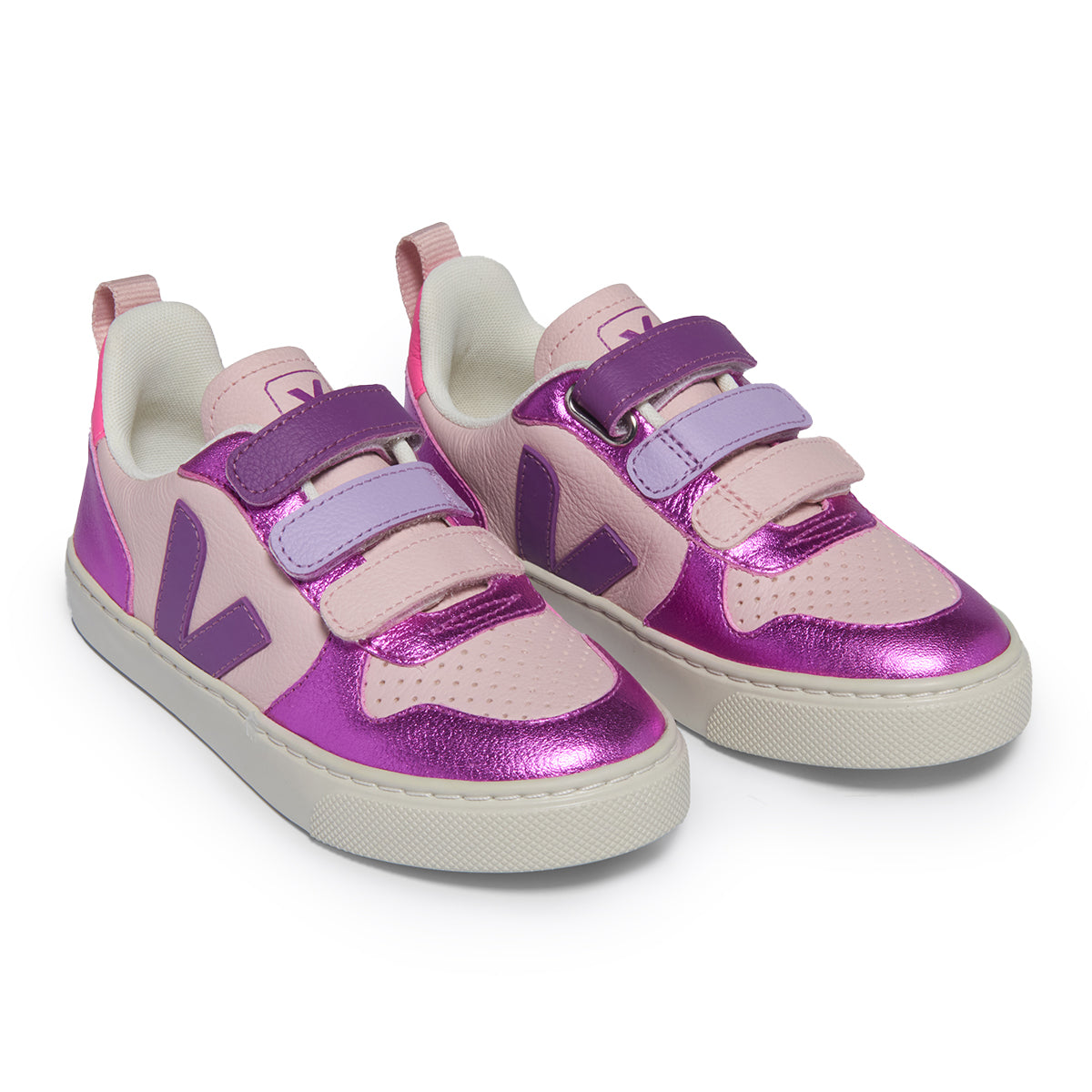 Veja Little Girls V-12 deals Velcro Chromefree Sneakers in Nacre Rose Fluo