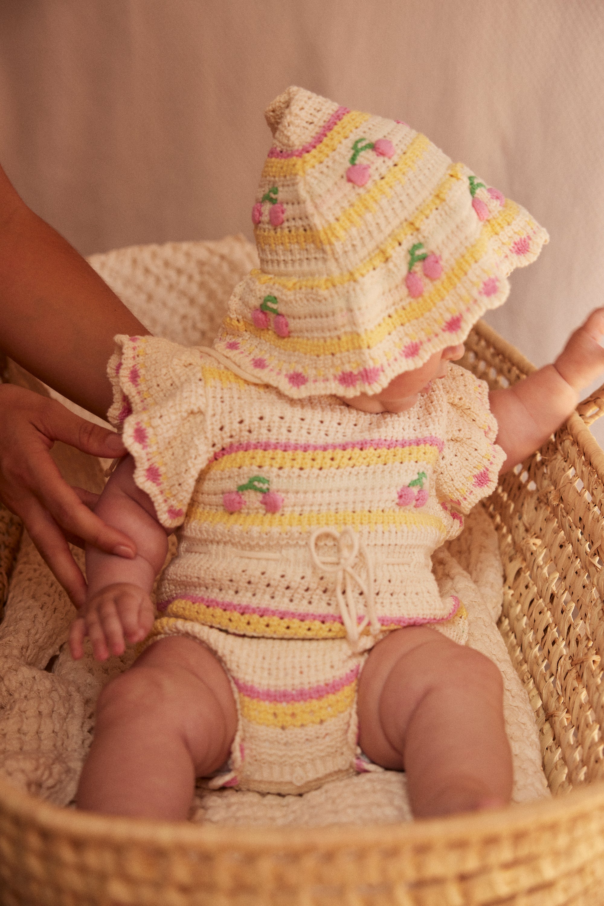Bebe Organic Paloma Crochet Cherry Stripe Romper | Les Mini