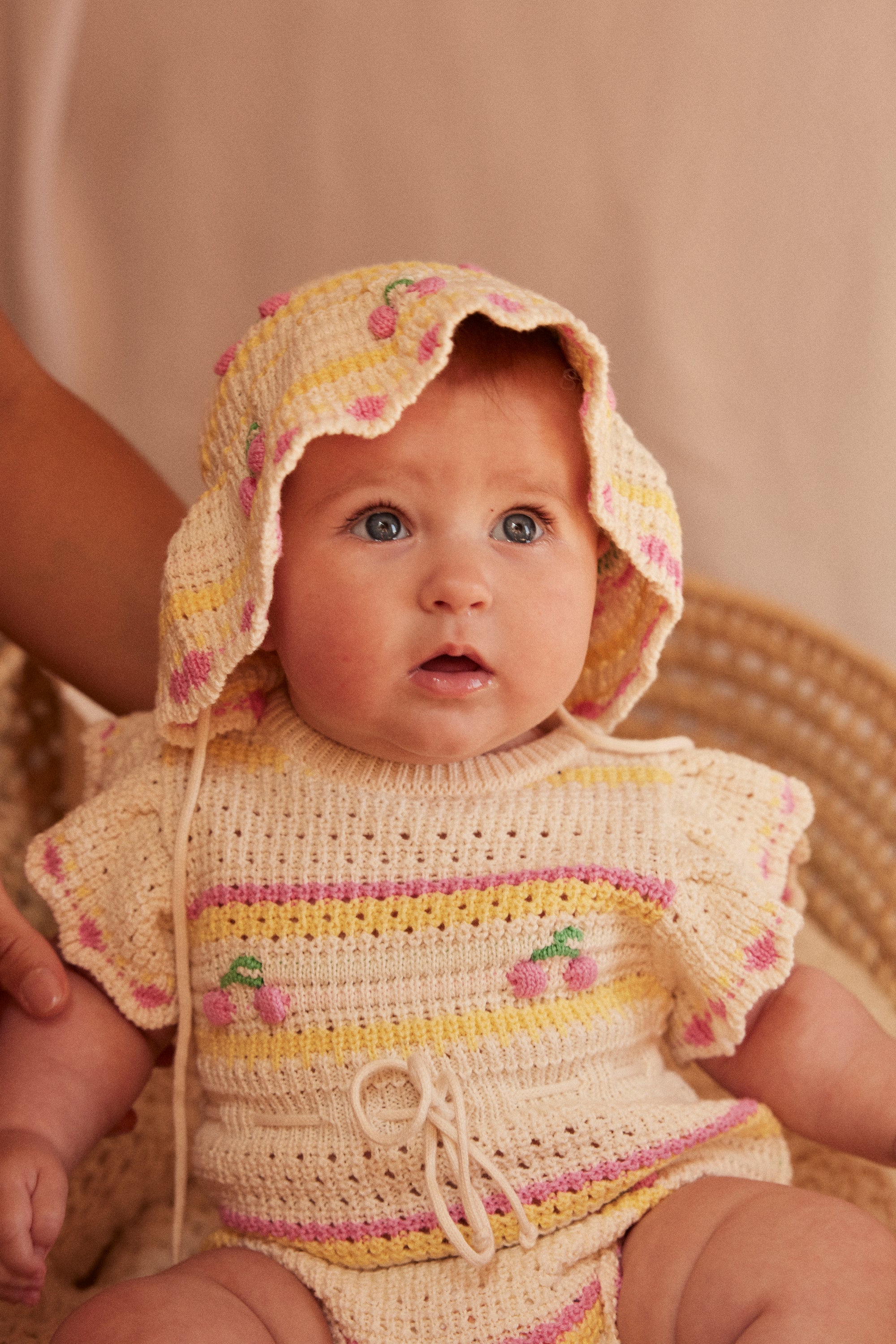 Bebe Organic Paloma Crochet Cherry Stripe Romper | Les Mini