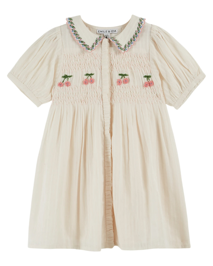 cherry embroidered dress Smocked Color:Cream(Pre-Sale 30days) designed in double honeymoondress Pale Blue Satin Rhinestone