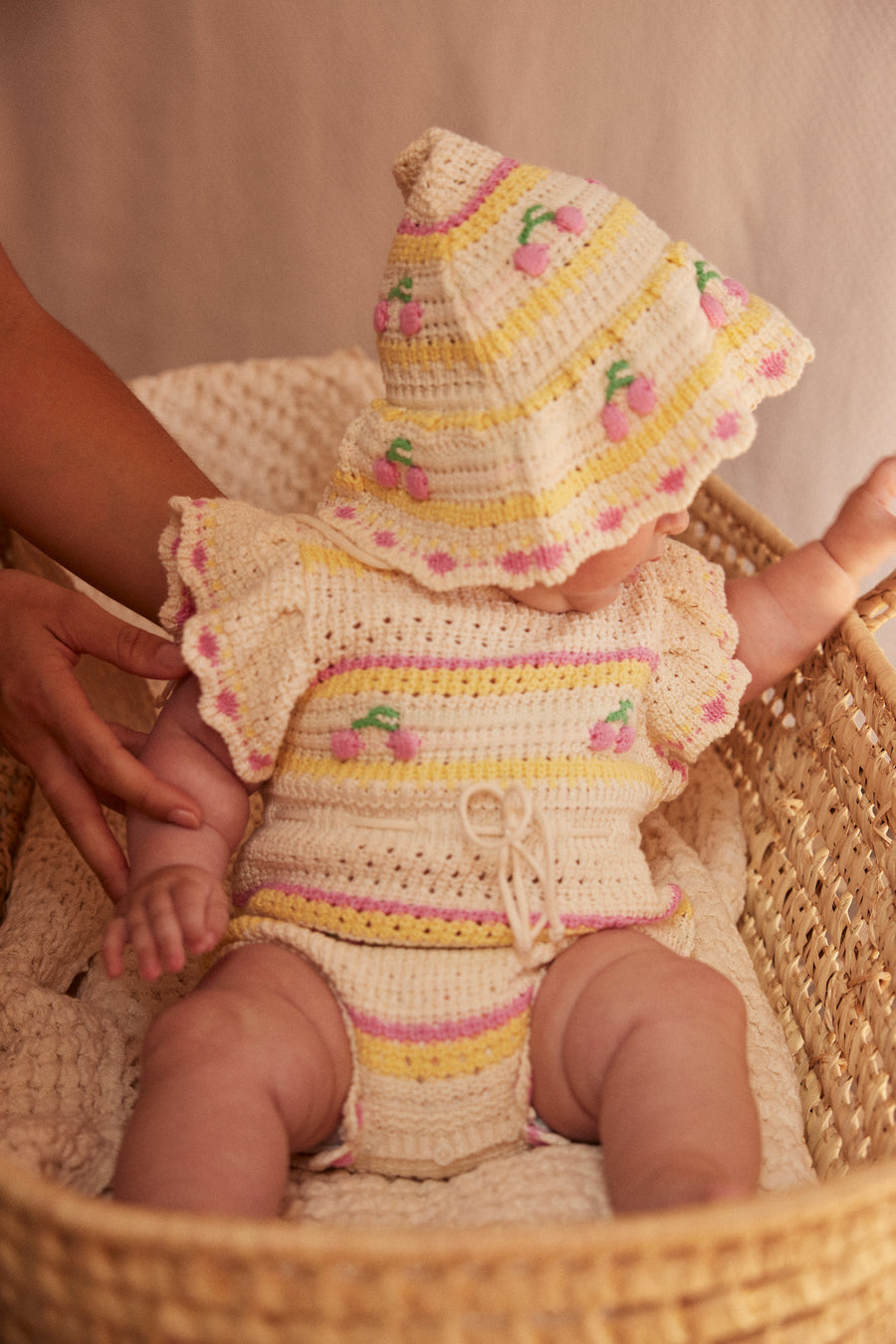 Bebe Organic Paloma Crochet Cherry Stripe Romper | Les Mini