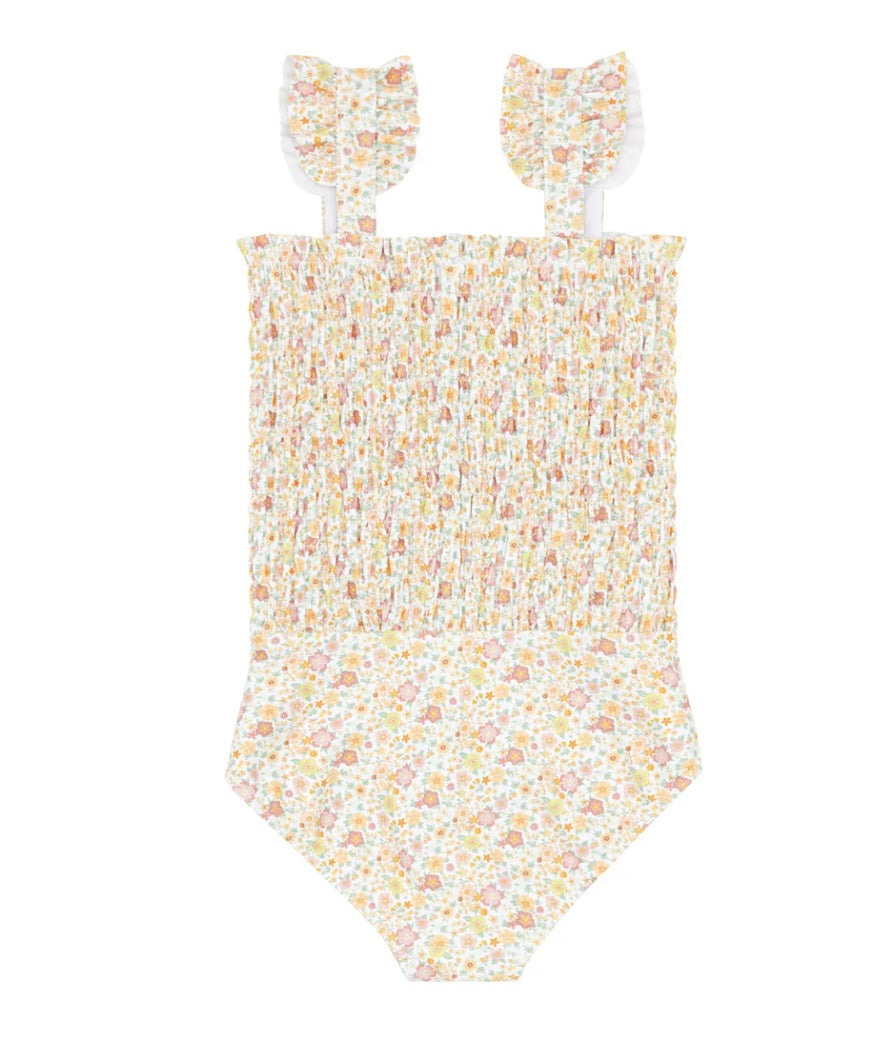 Marigold Floral Smocked One Piece Suit