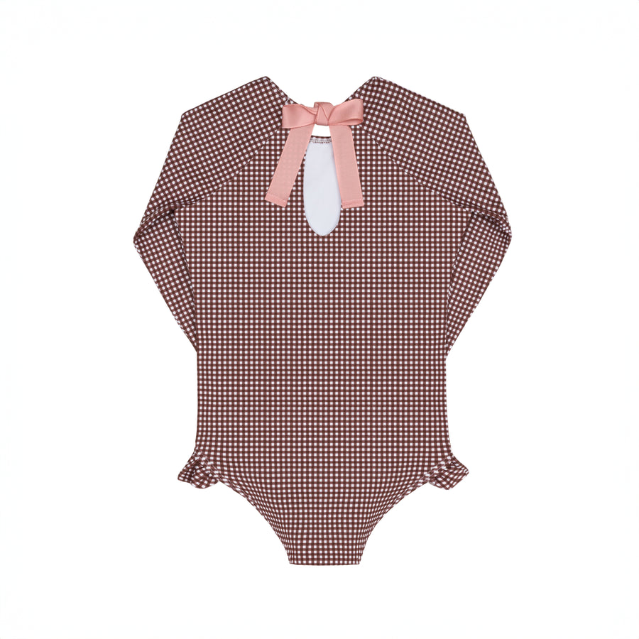Brown Micro Gingham Rashguard One Piece