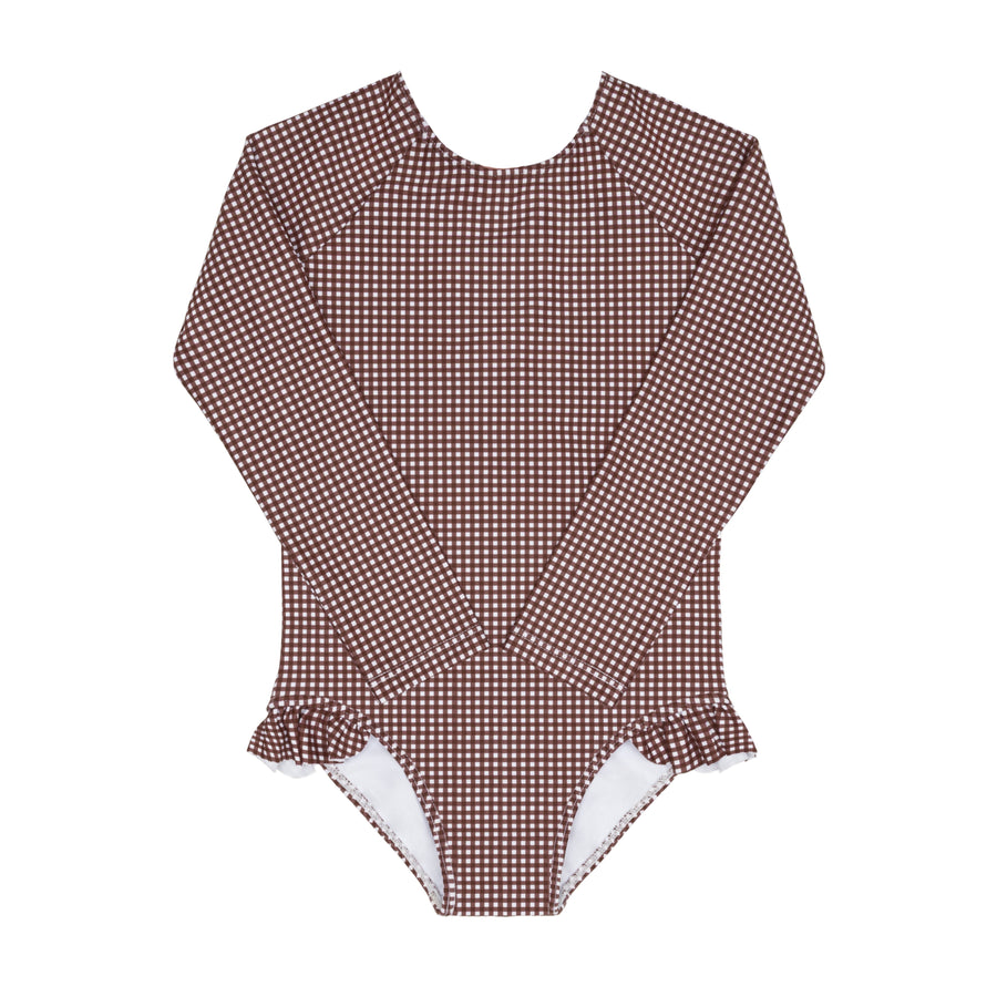 Brown Micro Gingham Rashguard One Piece