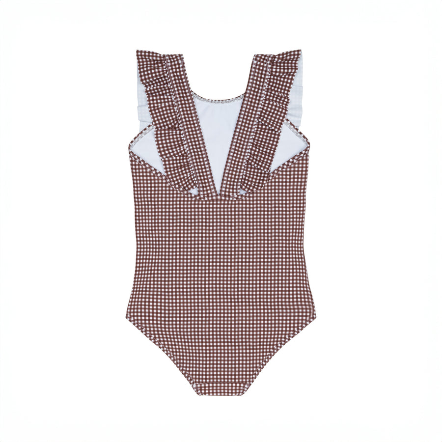Brown Micro Gingham Ruffle One Piece