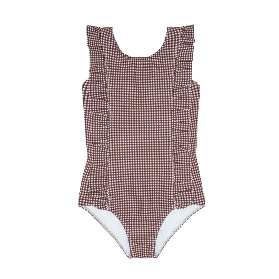Brown Micro Gingham Ruffle One Piece