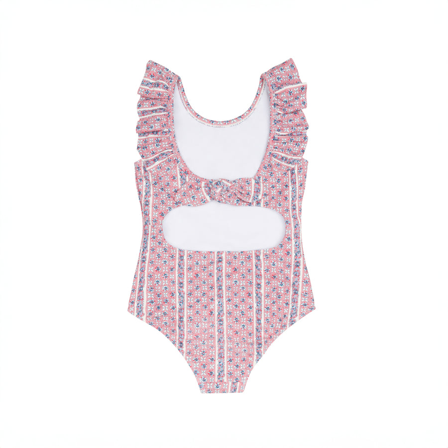 Floral Tile Ruffle Collar One Piece