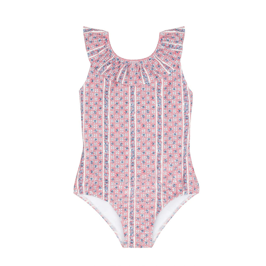 Floral Tile Ruffle Collar One Piece