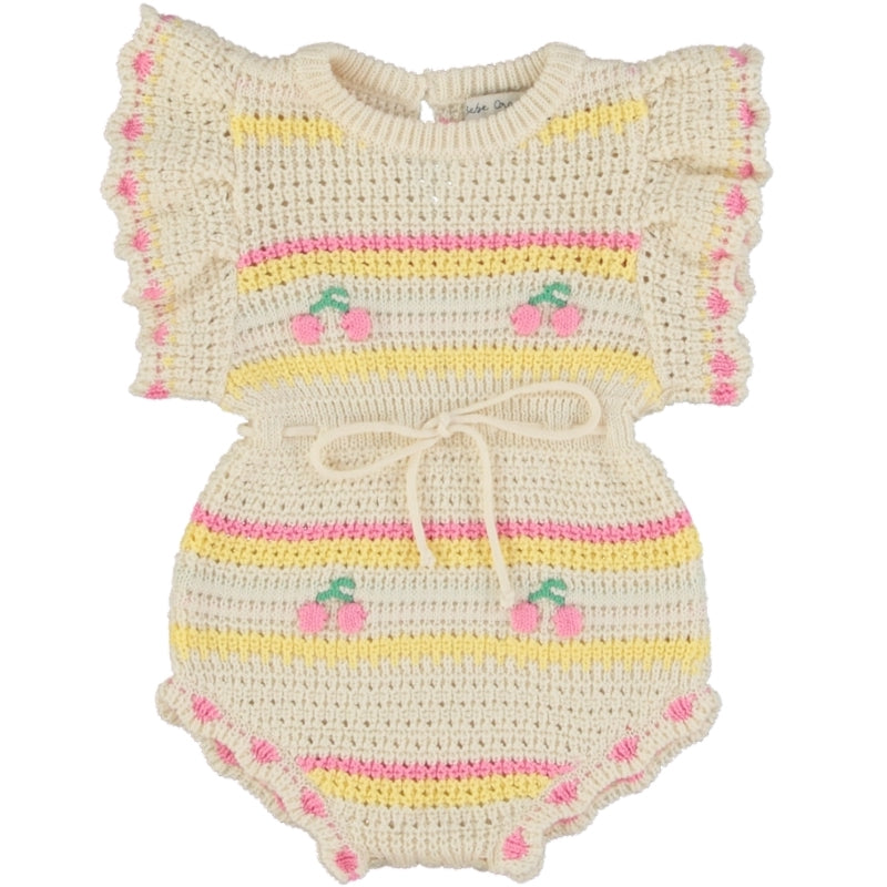 Bebe Organic Paloma Crochet Cherry Stripe Romper | Les Mini