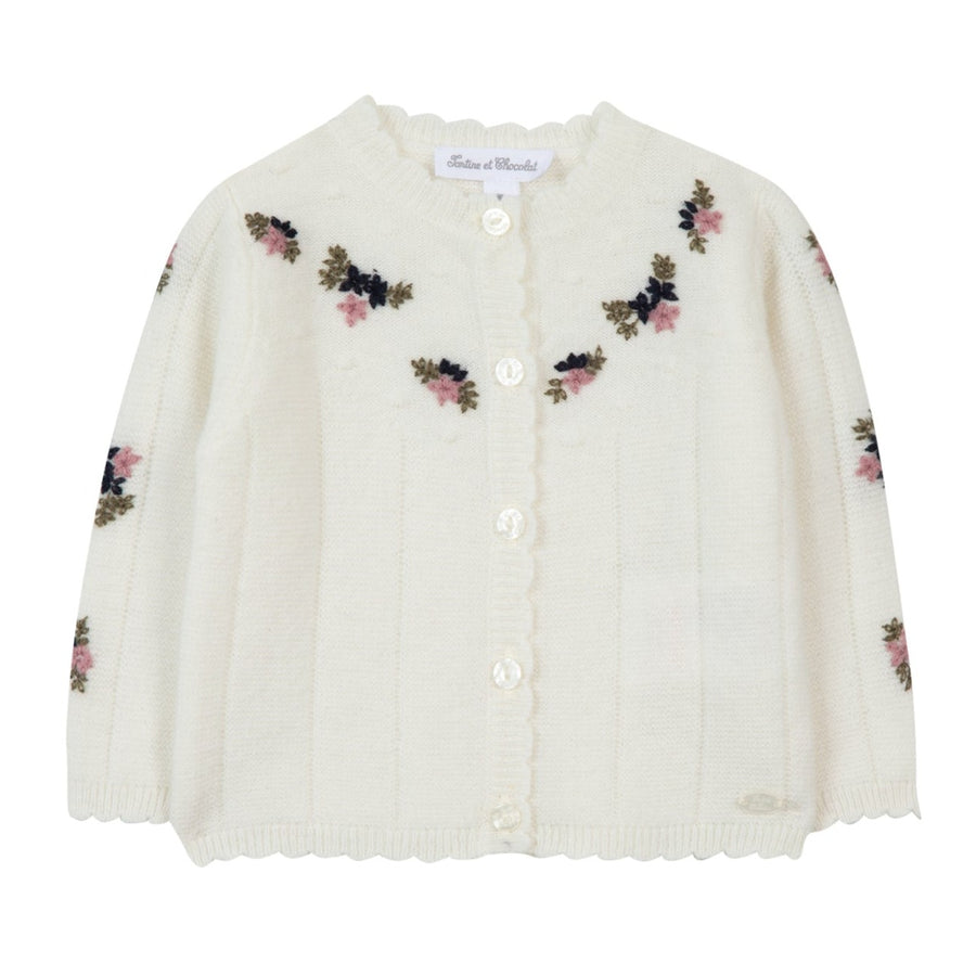 White Knit Floral Embroidered Cardigan