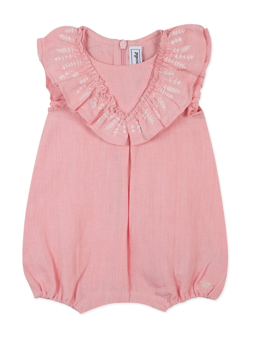 Pink Linen Embroidered Romper