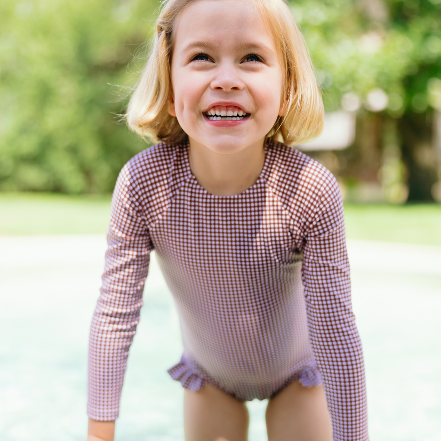 Brown Micro Gingham Rashguard One Piece
