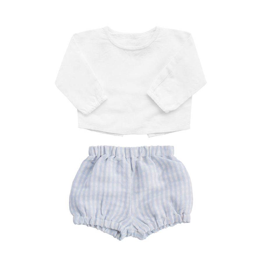 White Shirt & Pale Blue Gingham Short Set