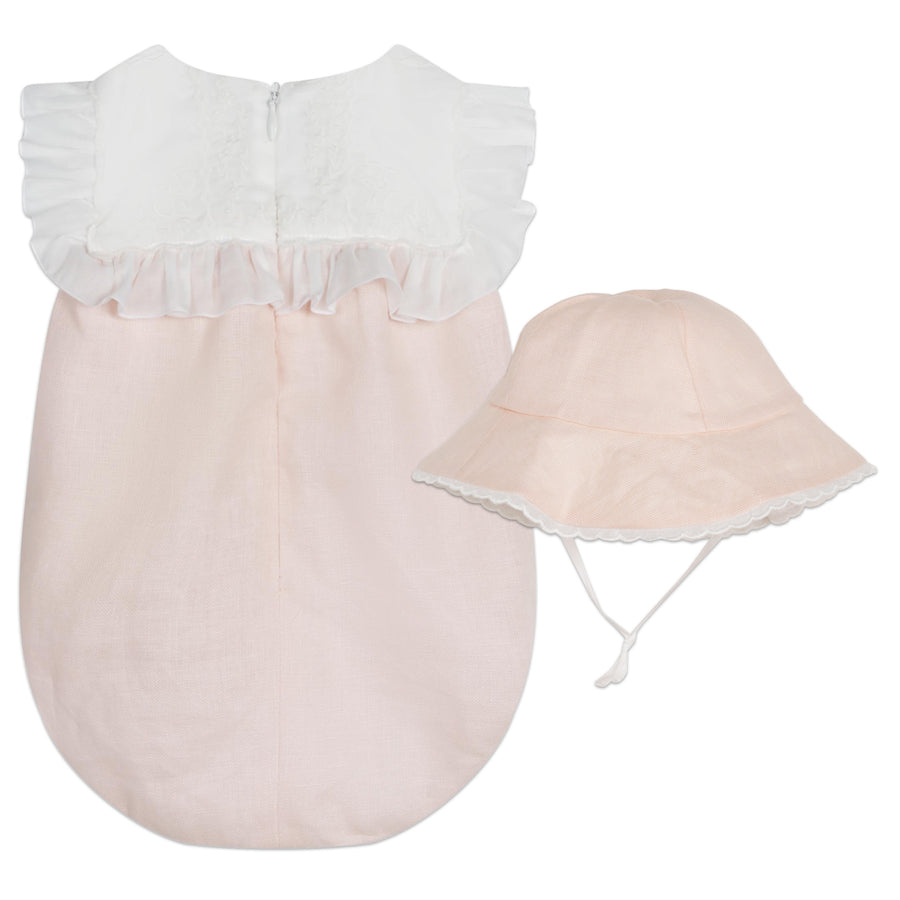 Pink and White Embroidered Romper and Hat Set